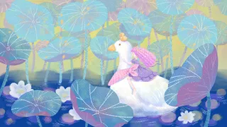 夏天卡通小清新简约立夏荷叶池塘大白鹅女孩