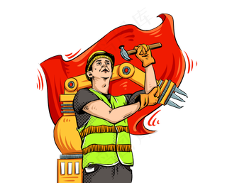 劳动节波普工人机械手臂红旗飘飘,免抠元素