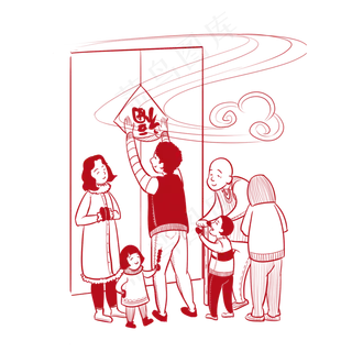 手绘剪纸过年贴福,免抠元素