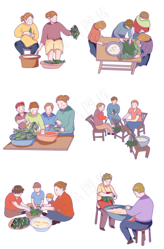 端午传统习俗包粽子的人套图(2000X3020(DPI:300))psd模版下载