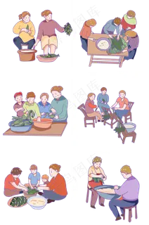 端午传统习俗包粽子的人套图