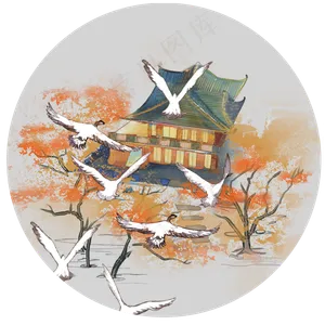 大雁宫廷水墨画,免抠元素