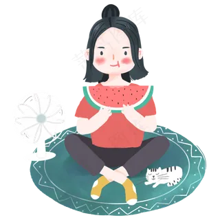 夏季室内吃西瓜的可爱Q版女生