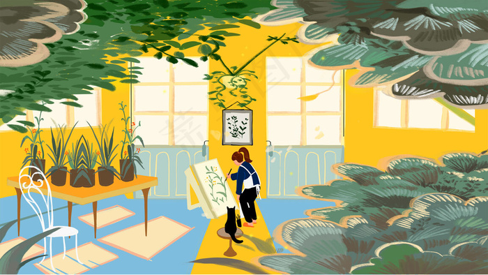 春季植物花房画画女孩
