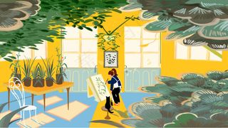 春季植物花房画画女孩