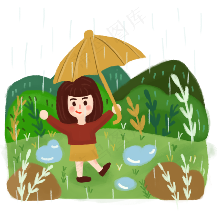 清明谷雨在树林打伞的小女孩