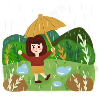 清明谷雨在树林打伞的小女孩