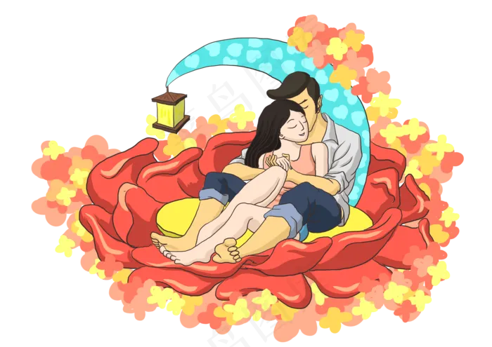 情人节红色手绘花前月下的情侣免(3507X2480(DPI:300))psd模版下载