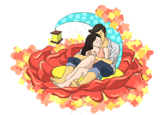 情人节红色手绘花前月下的情侣免