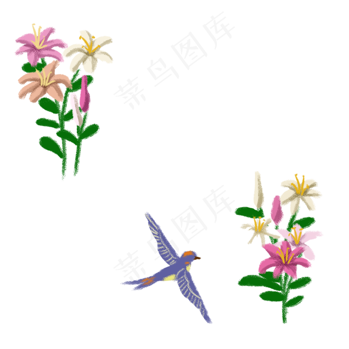 春夏季节花鸟边框百合花和燕子PNG,免抠元素(2000X2000(DPI:300))psd模版下载