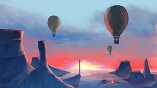 夕阳下的戈壁滩与热气球