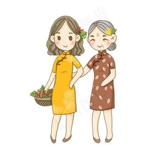 重阳节母女旗袍PNG,免抠元素