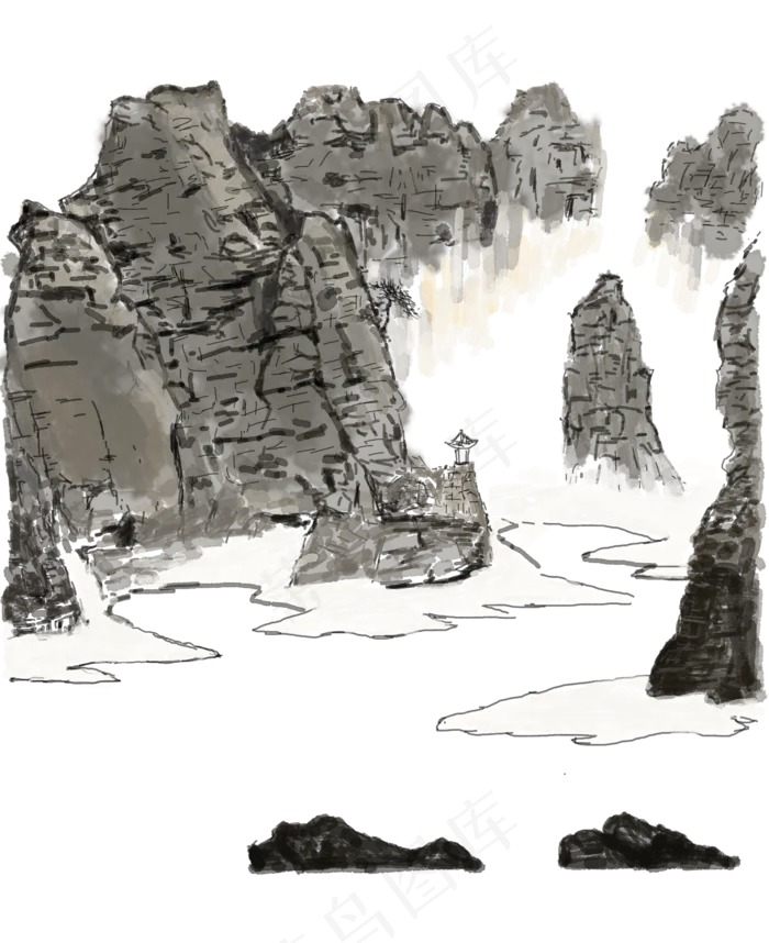 冬日雪山卡通手绘雪景png(2000X2451(DPI:300))psd模版下载