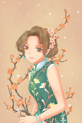 绿色唯美卡通民国旗袍女人与花配图