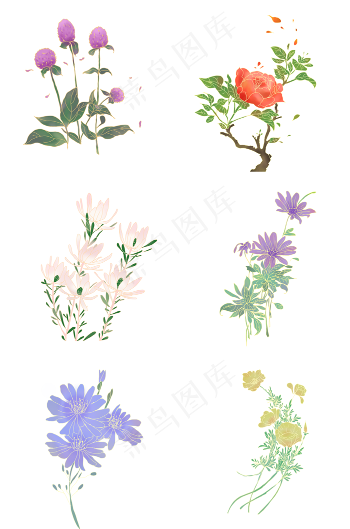 古风复古鎏金花卉渐变免抠紫色花(2000X3020(DPI:300))psd模版下载