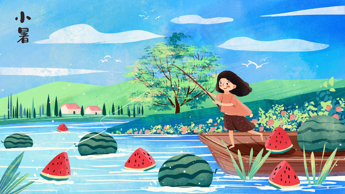 夏日小暑湖边小船风景