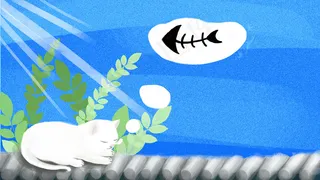 白色猫咪春困吃鱼