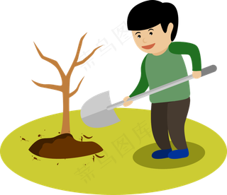 植树节男孩种树装饰矢量透明png