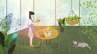 秋日花房栽培菊花女孩