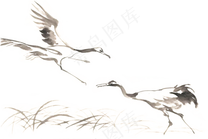 鹤舞水墨画PNG免抠素材(7087X4724(DPI:300))psd模版下载