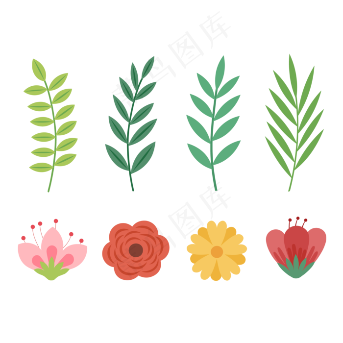 卡通矢量花朵绿叶装饰图案元素,免抠元素