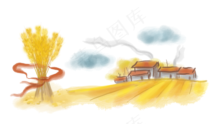 秋分秋收麦子和村庄,免抠元素