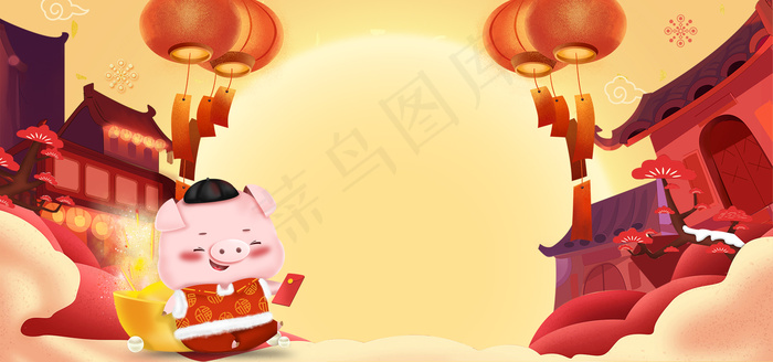 年货节喜庆中国风街景卡通banner(1920*900px 	       )psd模版下载