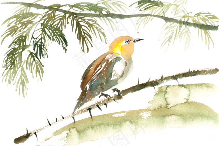 榕树下的鸟水彩画PNG免抠素材(3300*2200px 300 dpi )psd模版下载
