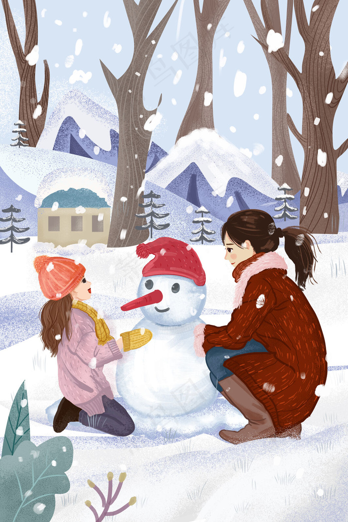 冬季扁平风格大雪节气户外游玩配图(3545*5315px 300 dpi )psd模版下载