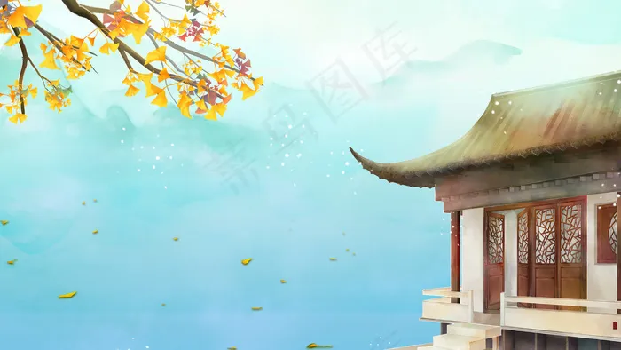 秋季中国风秋韵山水银杏水榭水上楼阁(2880*1620px 300 dpi )
