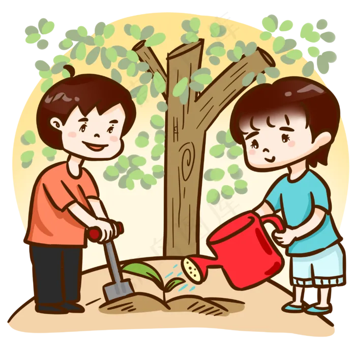 植树节妈妈挖土浇水种树苗手绘人