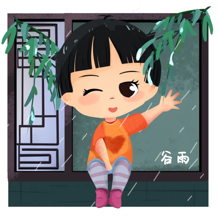谷雨坐着看雨景女孩