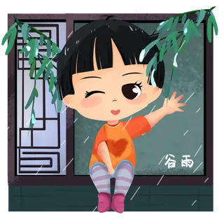 谷雨坐着看雨景女孩