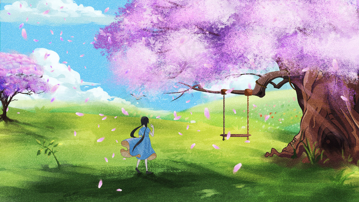 春夏樱花日系少女郊游唯美治愈五月你好场景