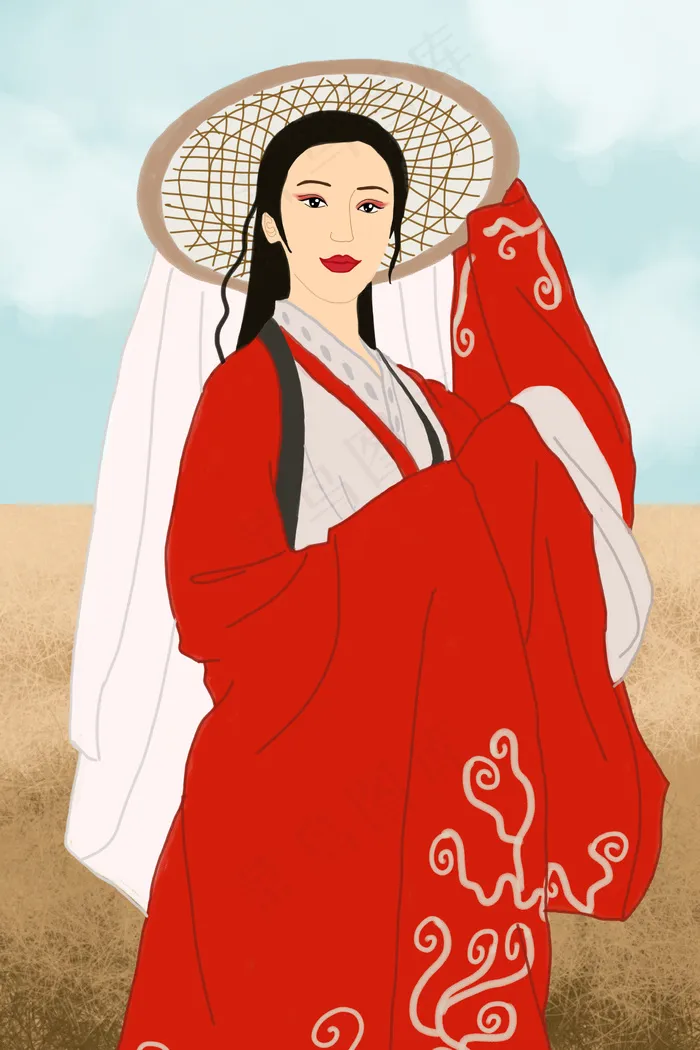 国潮中式风格服饰之汉服古装女子斗笠红衣(3545X5315(DPI:300))psd模版下载