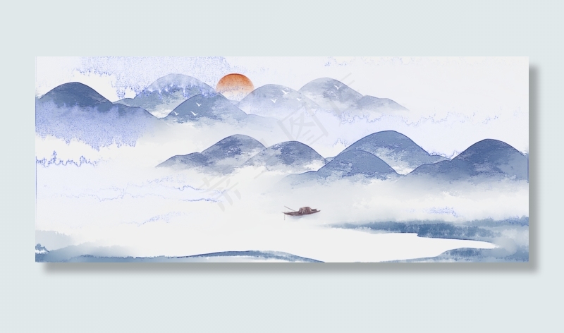 水墨山水万里江行中国风PNG素材,免抠元素(1920*800px 300 dpi )psd模版下载