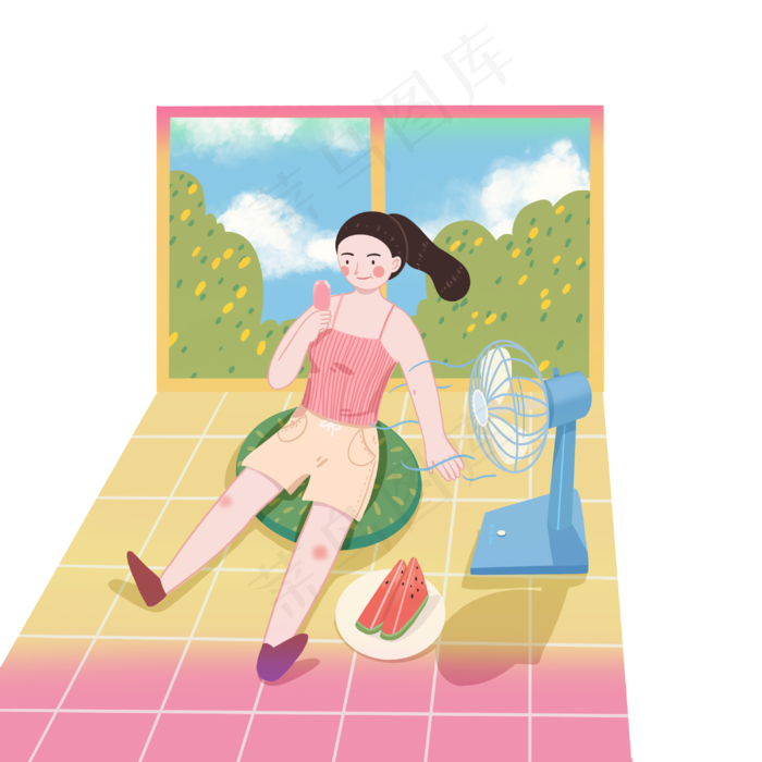 夏日少女西瓜风扇(3000X3000(DPI:300))psd模版下载
