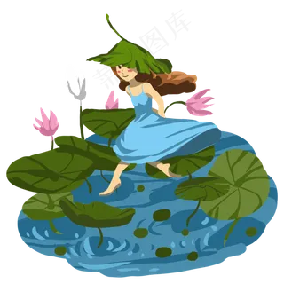 夏季荷花池塘上的女孩