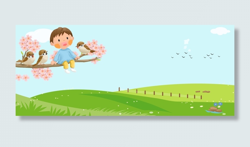 春天坐在树枝上的孩子卡通海报背景