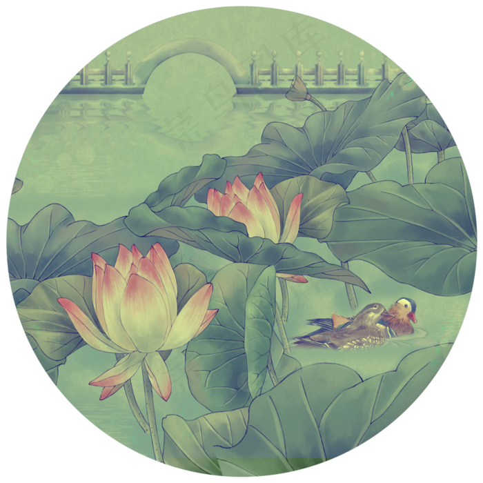 荷花园林鸳鸯白玉桥(3000X3000(DPI:300))psd模版下载