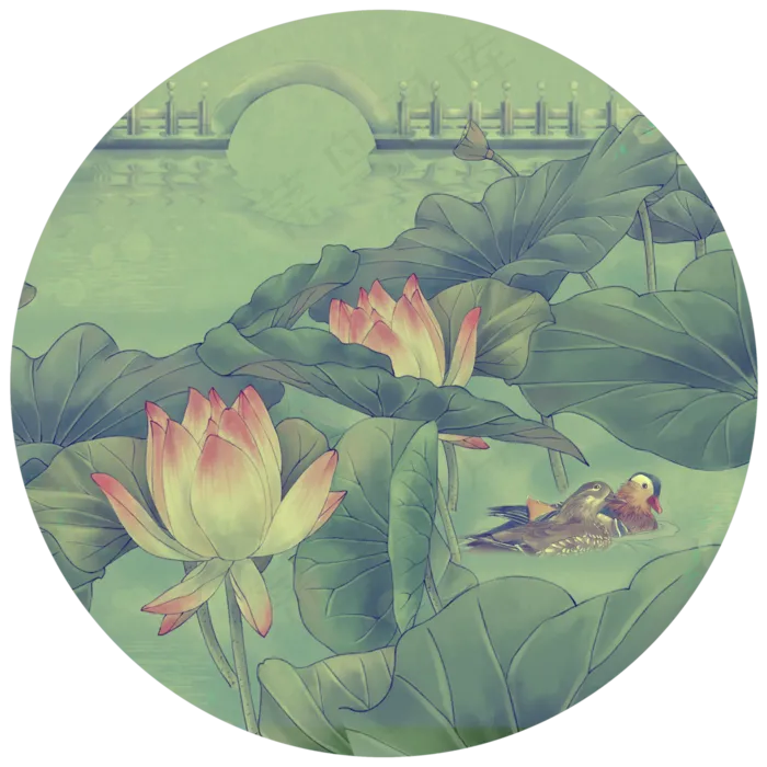 荷花园林鸳鸯白玉桥(3000X3000(DPI:300))psd模版下载