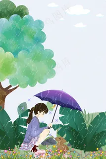 下雨天给小狗打伞的小女孩