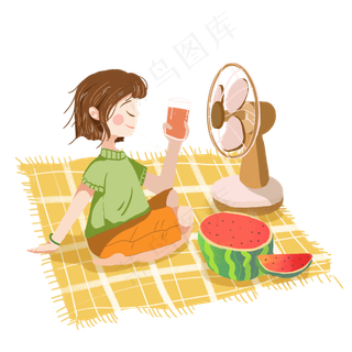 小暑吹电扇吃西瓜女孩png素材