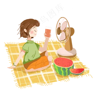小暑吹电扇吃西瓜女孩png素材