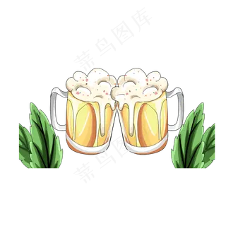 两杯冒酒花的小麦啤酒搭配绿叶元,免抠元素