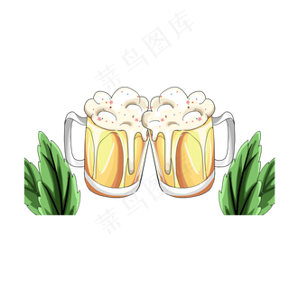 两杯冒酒花的小麦啤酒搭配绿叶元,免抠元素