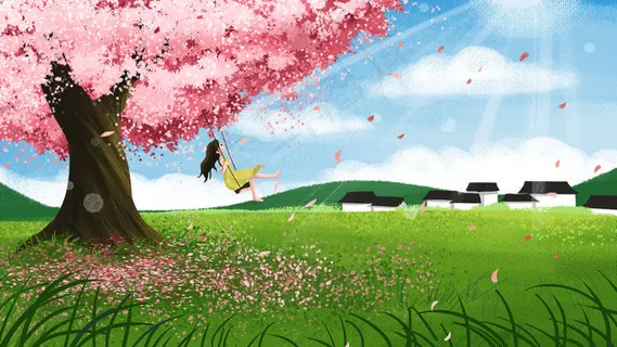 女孩春天坐秋千春景风景樱花小清新唯美 女孩春天坐秋千春景风景樱花小清新唯美