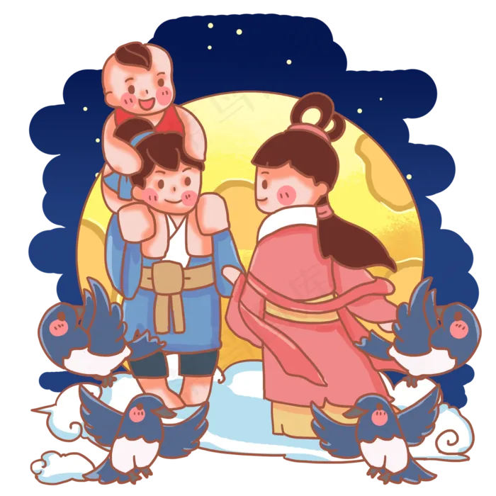 七夕一家三口聚会,免抠元素(2000*2000px 300 dpi )psd模版下载