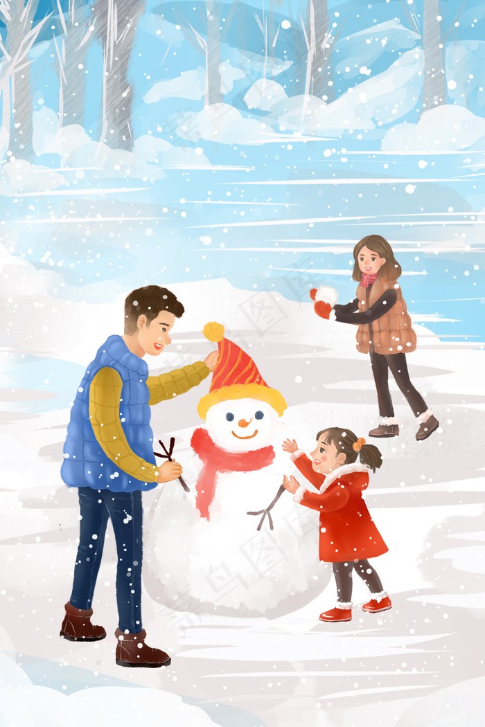 家人冬天雪中堆雪人
