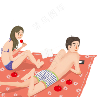 卡通小情侣在沙滩上休息